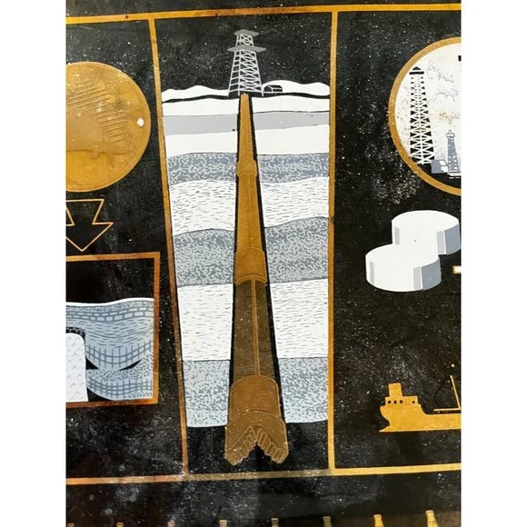 Vintage 1950s MCM Oil Drill Rig souvenir black gold glass tray South Bend In